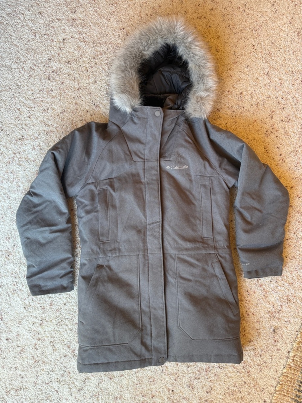 Columbia Kids's Long Hooded Parka Jacket in Charcoal with Faux Fur Trim